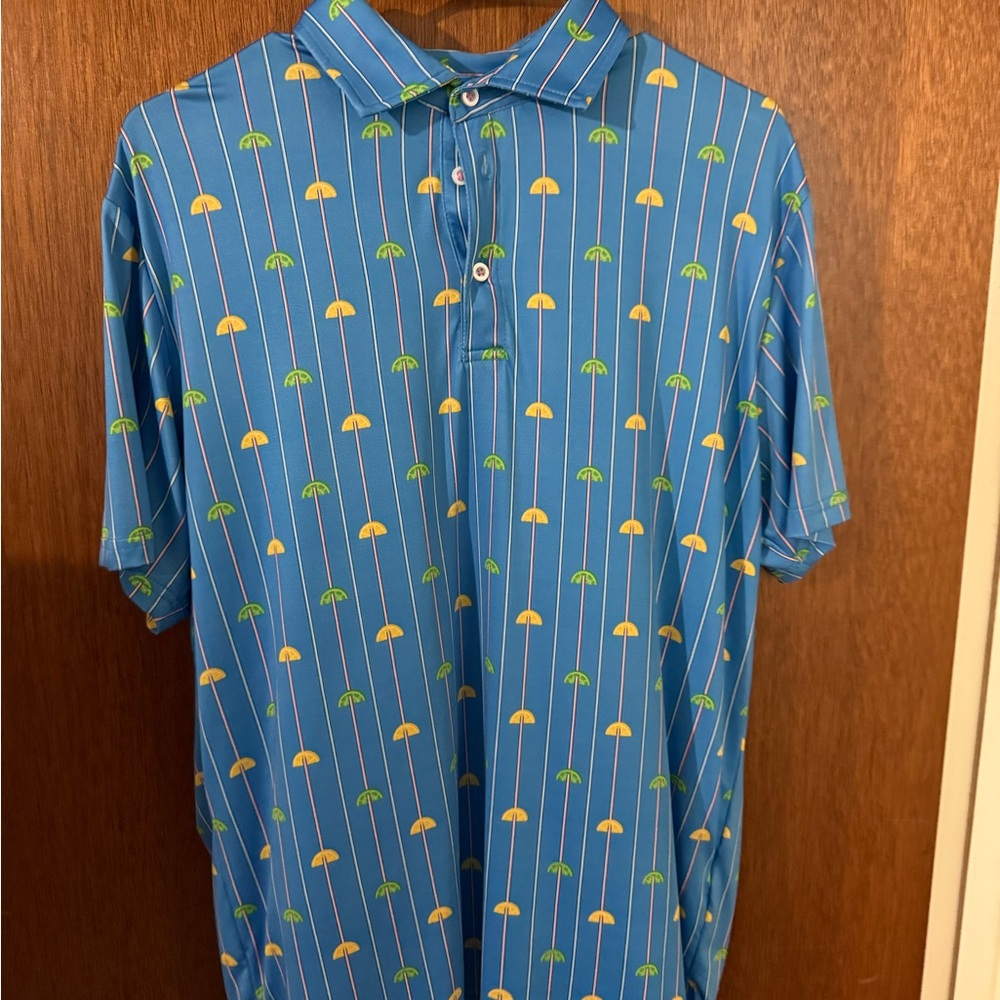 Tailorbyrd Blue and Yellow Polo Shirt with Tropical Design